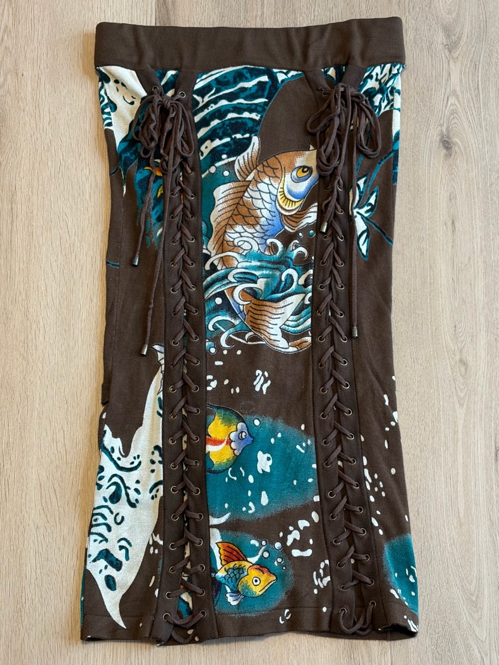 Rare Vintage Y2K Ed Hardy by Christian Audigier Japanese Koi Fish Lace-Up Dress